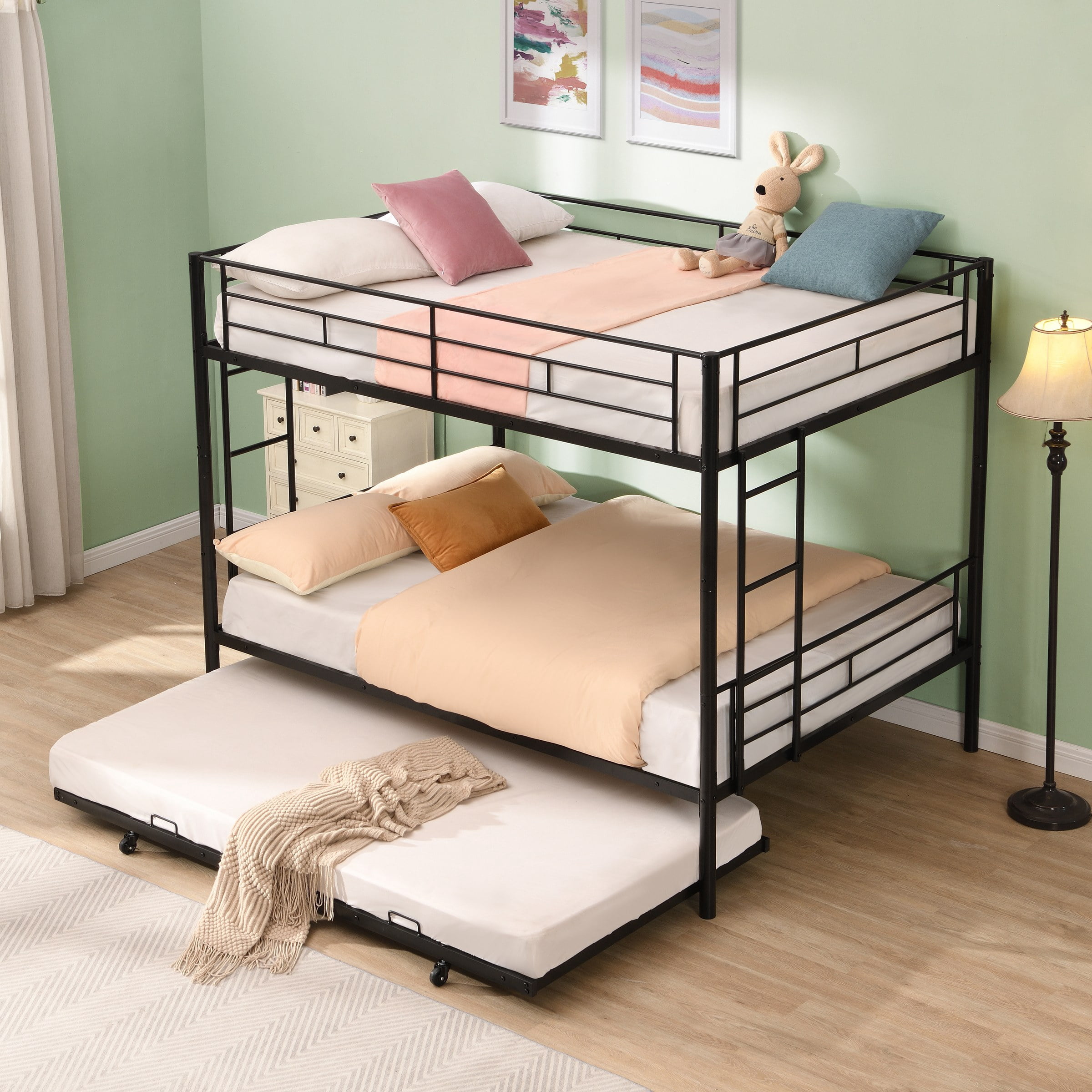 Full Over Full with trundle Metal Bunk Bed, No Box Spring Needed, Easy Assemble