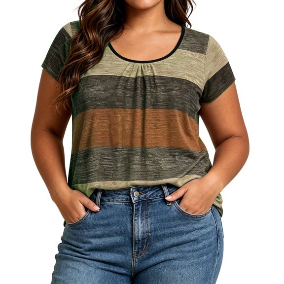Women’s Plus Size T-Shirt, Causal Color Block Crew Neck Tee, Loose Short Sleeve Summer Comfy Daily Tops