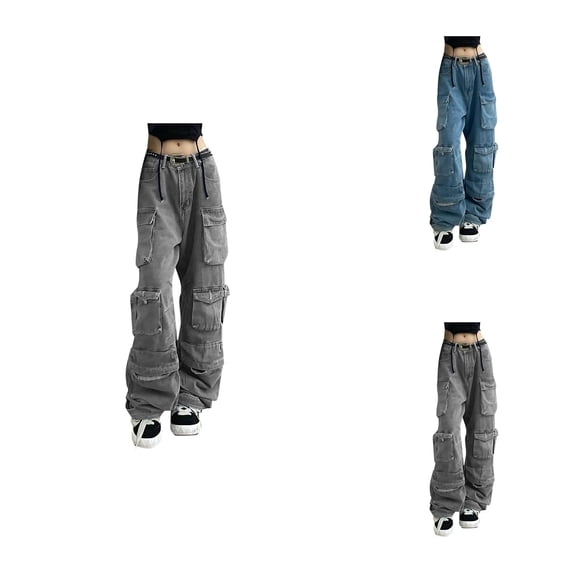 Womens Loose Adjustable Strap Gray Distressed Denim Bib Overall Jeans with Pocket Stitching Wide Leg Baggy Jumpsuit
