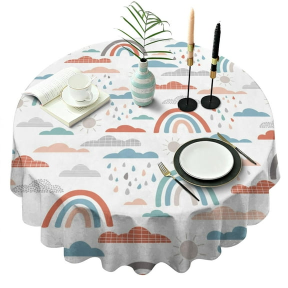 Round Waterproof Tablecloth 60×60 Inch, Boho Style Reusable Indoor/Outdoor Durable Table Cover for Party Kitchen Dinner Room Decor