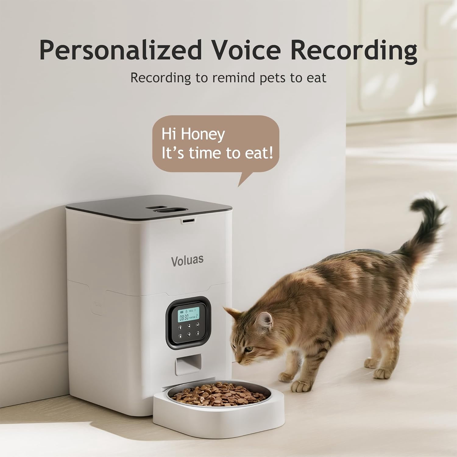 VOLUAS Automatic Cat Feeder with Voice Recorder and Timer for Cats and Dogs, 4L Large Capacity Dry Food Dispenser with Programmable Portion Control and LCD Display