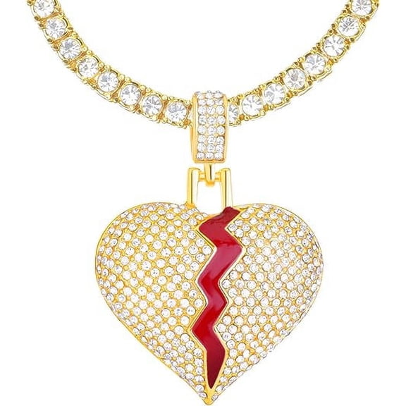 Hip Hop Luxury Iced Gold Tone Broken Heart Pendant 24" Tennis Chain Necklace THC 16875 G
