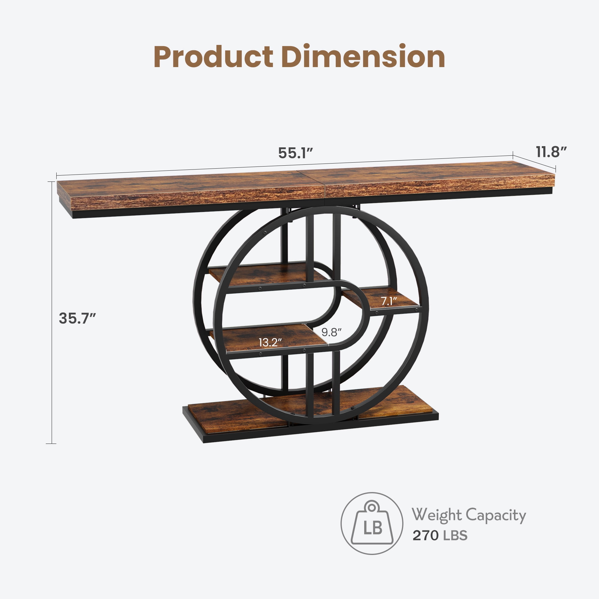 Console Table 55 Inch, Sofa Table with 3-Tier Storage Shelves and O-Shaped Metal Frame, Narrow Entryway Table for Dining Room, Hallway & Living Room
