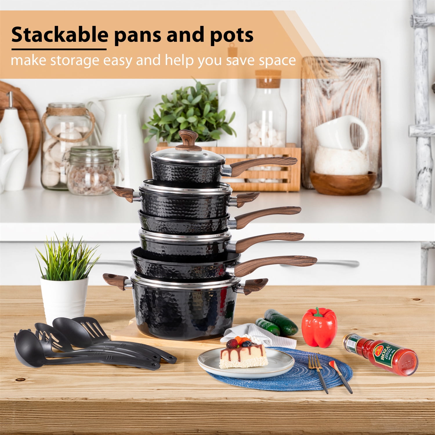 15 Piece Hammered Cookware Set Nonstick Granite Coated Pots and Pans Set
