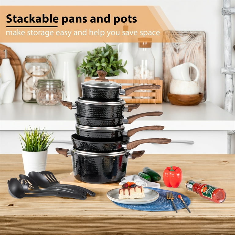 MF Studio 15 Pieces Cookware Set Granite Nonstick Pots and Pans Dishwasher Safe Black