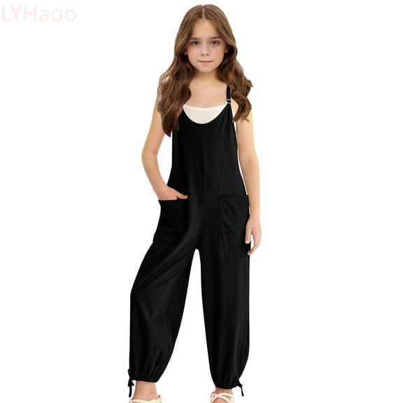 LYHaoo Jumpsuit for Girls Girls Sleeveless Jumpsuit With Adjustable Spaghetti Straps And Side Pockets Casual Summer Romper For Big Kids And Comfortable Pull On Play Outfit,Sizes 13-14 Years