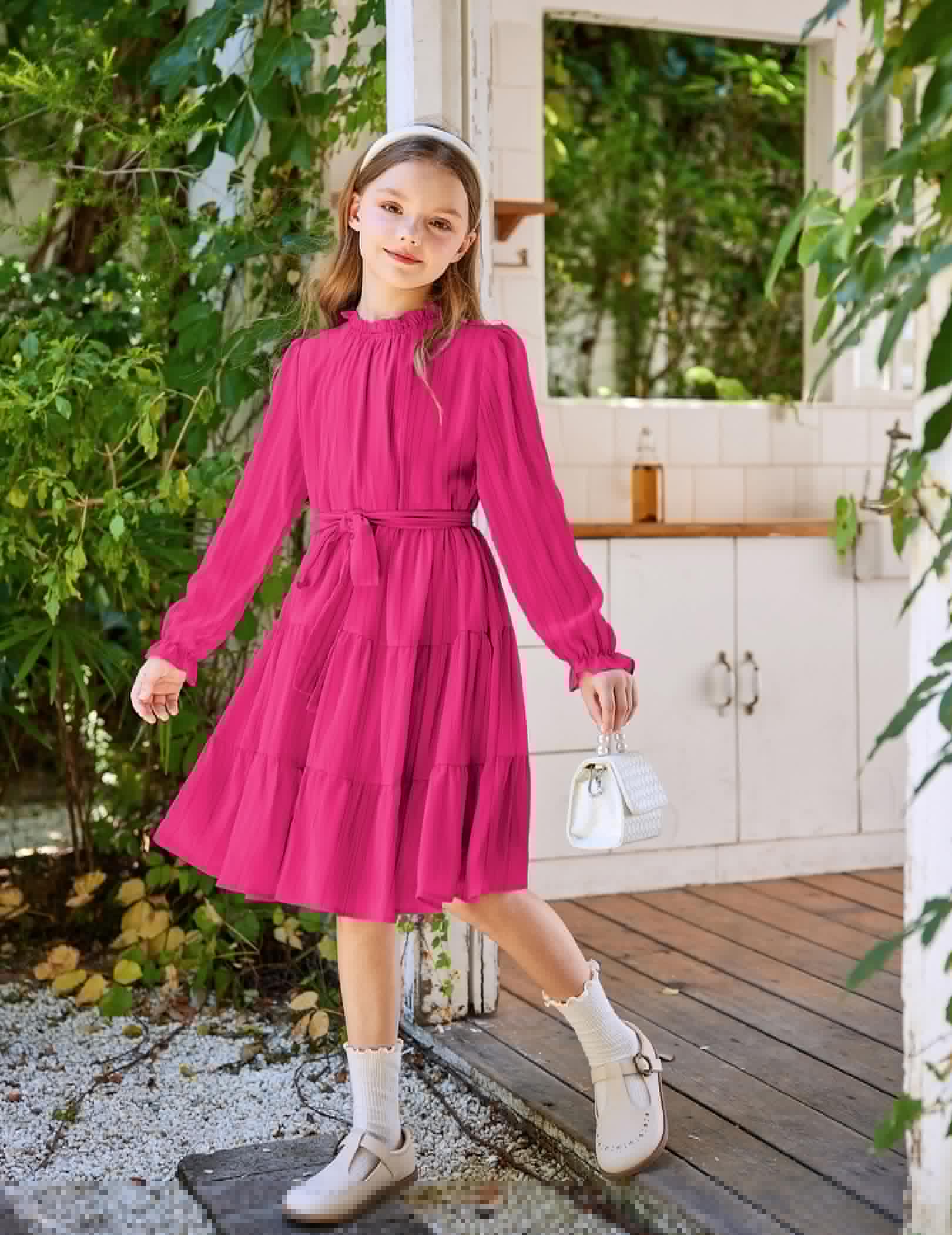 thumbnail image 6 of Arshiner Girls Fall Long Sleeve A-Line Dress Elegant Formal Occasion Tiered Swing Dress with Belt, 6 of 6