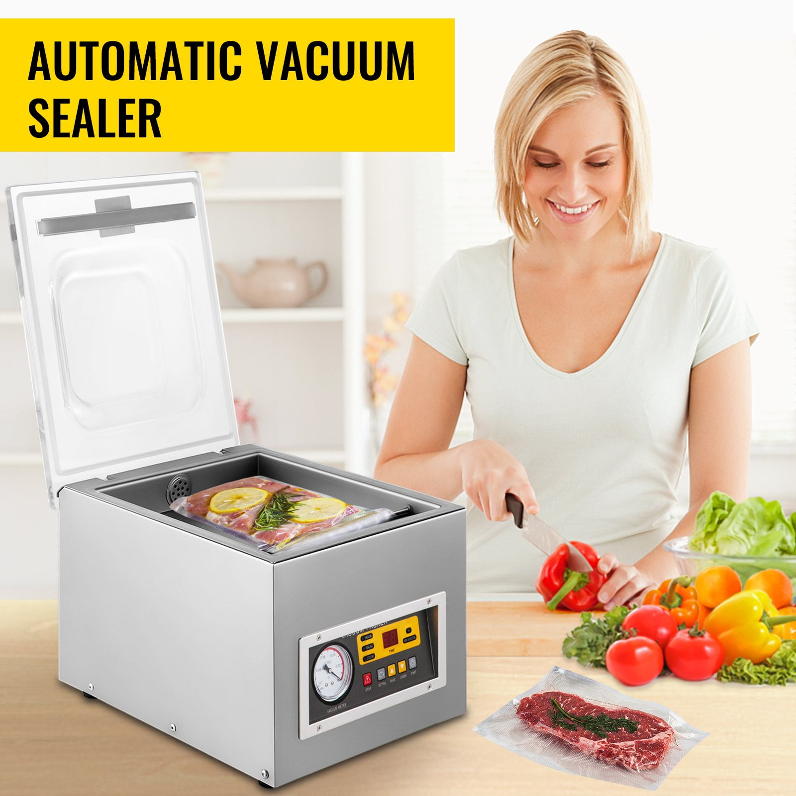 SIHAO Chamber Vacuum Sealer, Foods Vacuum Packing Machine for Wet Foods, Meats, Marinades and More, 260W Sealing Power, Compact Size with 9.5 in Sealing Length, Applied in Home Kitchen and Commercia