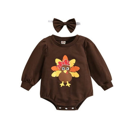 

Sunisery Infant Baby Thanksgiving Romper Long Sleeve Crew Neck Turkey/Letter Print Jumpsuit + Bow Headband