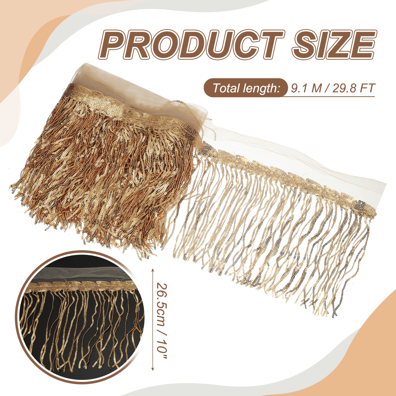 Uxcell 10 Yards 10 Inch Shiny Sequined Tinsel Fringe Trim, Sparkling Spangle Curtain Fringe Paillette Lace Fabric Streamer for DIY Latin Dance Costume Clothing Birthday, Gold