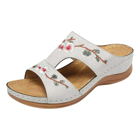 

Boho Platform Wedge Sandals for Women Dressy Flower Embroidery Casual Summer Slippers Comfortable Open Toe Slip On Orthopedic Walking Shoes