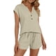 thumbnail image 1 of Camiseta de Manga Corta de Cuello en V de Color Sólido con Pantalones Cortos de Cintura Elástica Bolsillos Casual Lounge, 1 of 5