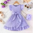 thumbnail image 2 of FAOWME Girls Summer Striped Flutter Sleeve Dress With Ruffled Hem & Adjustable Waist Belt Casual Round Neck Beachwear Purple 3-4 Years, 2 of 7