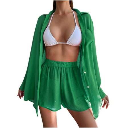 Zpanxa Bathing Suit Cover up for Women Swimsuit Smock Loose Beach Sun Protection Shirt Set Casual Holiday Bikini Smock Green M