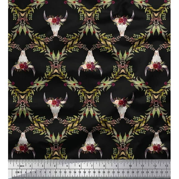Soimoi Black Cotton Duck Fabric Floral & Cow Skull Head Damask Print Fabric by the Yard 44 Inch Wide
