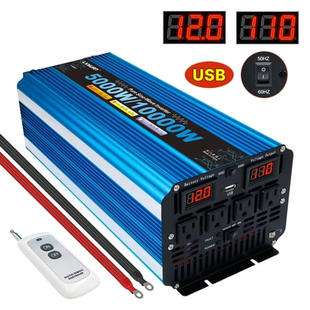 5000W 10000W Peak Pure Sine Wave Power Inverter 12V DC to 110V AC Converter, 60Hz/50Hz, 4 AC Outlets   USB, LED Display, Remote Control for Car, RV, Camping & Home Backup