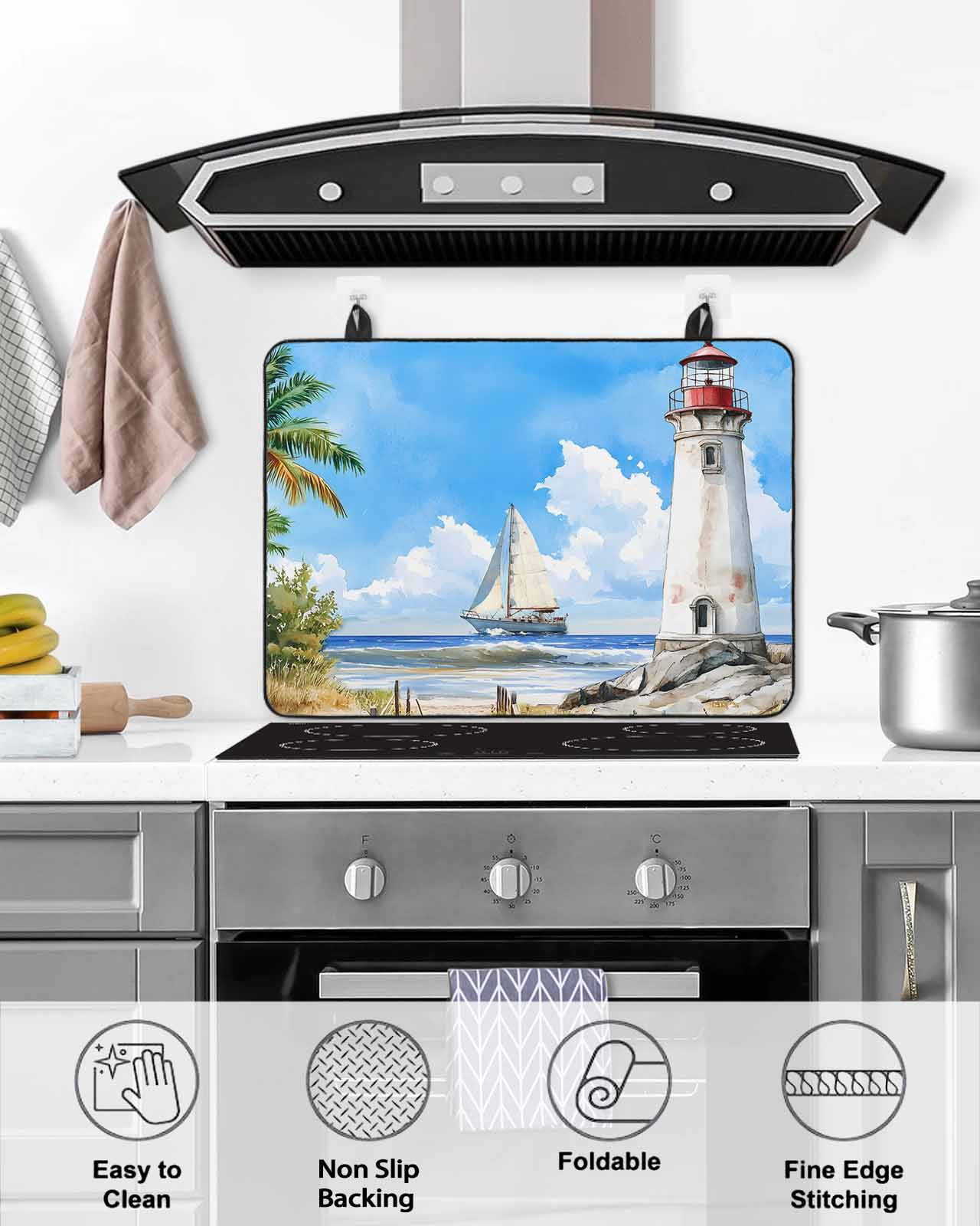 nqOlkjepod Large Induction Cooktop Protector Mat 36"x21", Summer Beach Stove Top Covers for Electric Stove, Retro Lighthouse Sailing Nautical Stove Burner Cover Mats, Glass Top Stove Cover