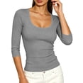 thumbnail image 6 of ABSUYY Womens Stretch Ribbed Layering Top, Solid Gray Scoop Neck 3/4 Sleeve Slim Fit Casual Knit Shirt,Size XL, 6 of 7
