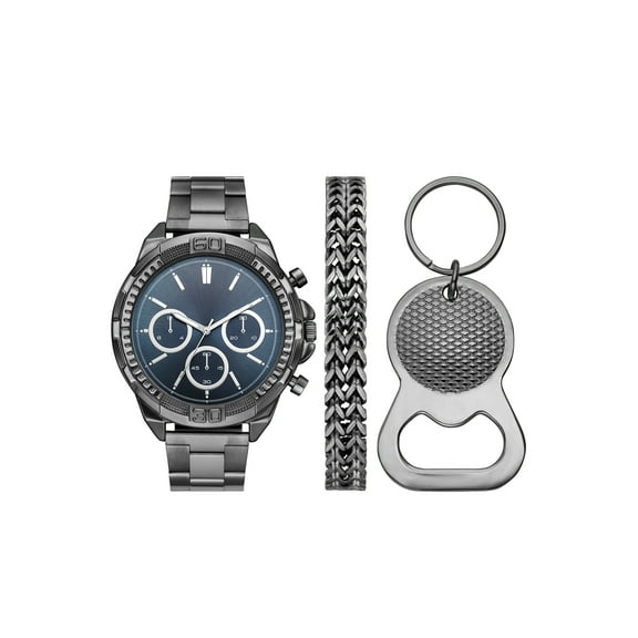 Folio Men's Gift Set; Silver Tone Bracelet Watch, Blue Sunray Dial with Silver Tone Fashion Bracelet and Keyring Bottle Opener (FMDAL1181)