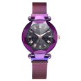 thumbnail image 2 of Reloj de pulsera de cuarzo para mujer a la moda, botón magnético, correa de malla, reloj de pulsera con esfera redonda de aleación (púrpura), 2 of 9