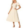 thumbnail image 2 of INSPIRE CHIC Women's Dress Summer Puff Sleeve Round Neck Solid Textured Flare Dresses L Beige, 2 of 6