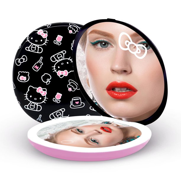 Impressions Vanity Hello Kitty The Favourites Espejo compacto con luz Espejo de maquillaje de viaje lindo de doble cara con botón de aumento suave al tacto y brillo ajustable