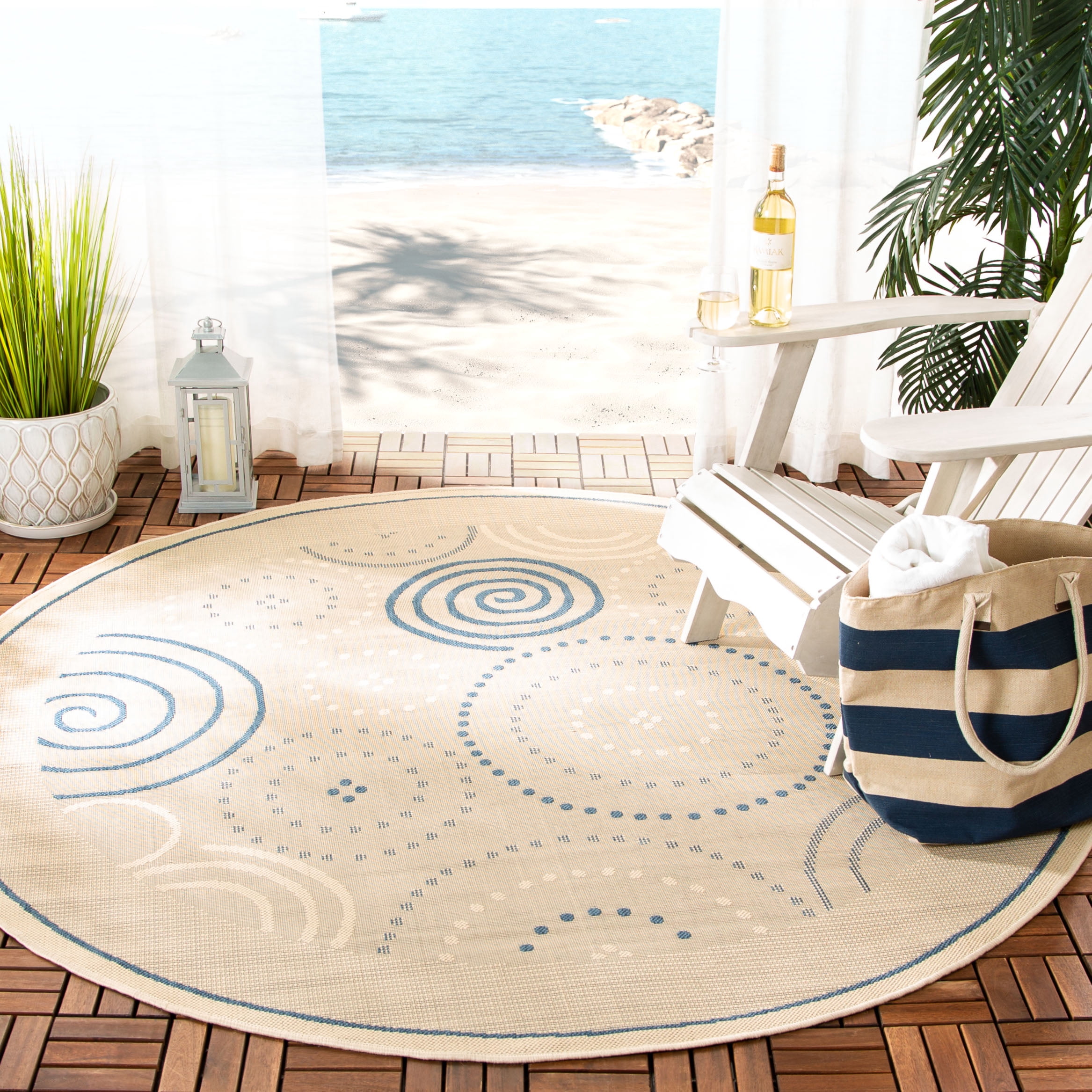Safavieh Courtyard Hugo Oriental Indoor/Outdoor Area Rug, Natural/Blue, 6'7" x 6'7" Round