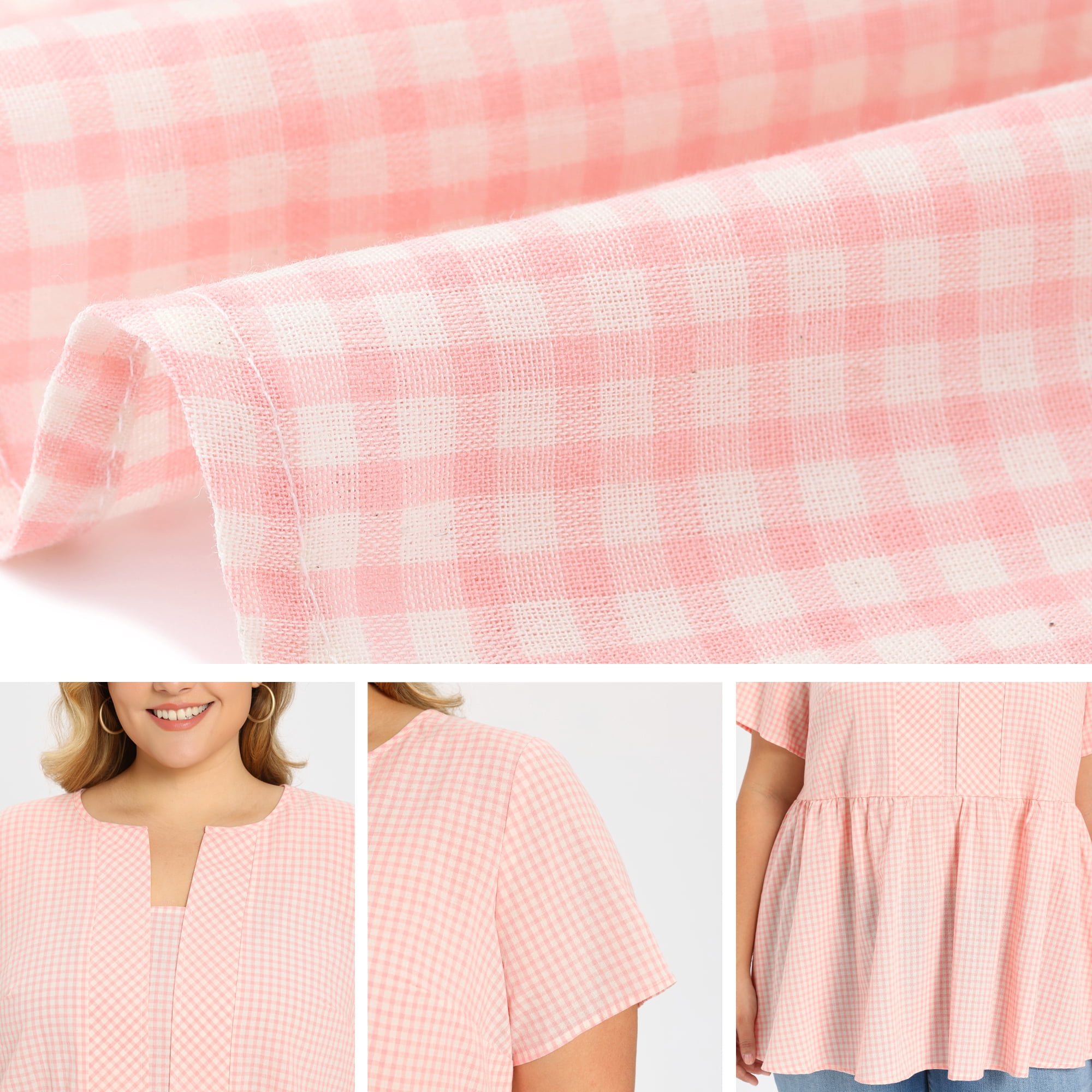 DARING DIVA Women's Plus Gingham Tops Plaid Notch Neck Blouse 3X Light Pink