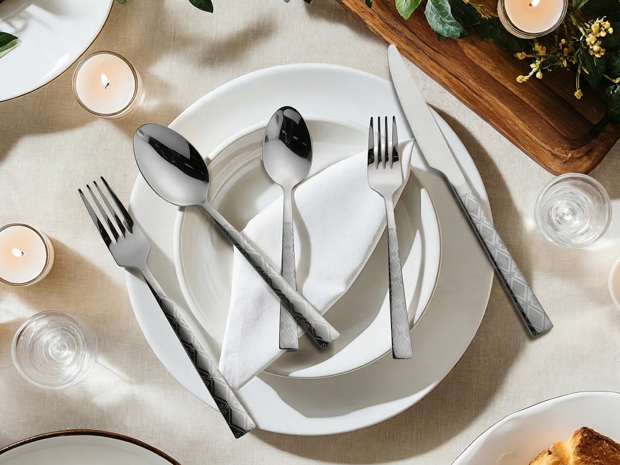 Unique Bargains 30 Piece Stainless Steel Floral Print Flatware Set for 6 Cutlery Silver