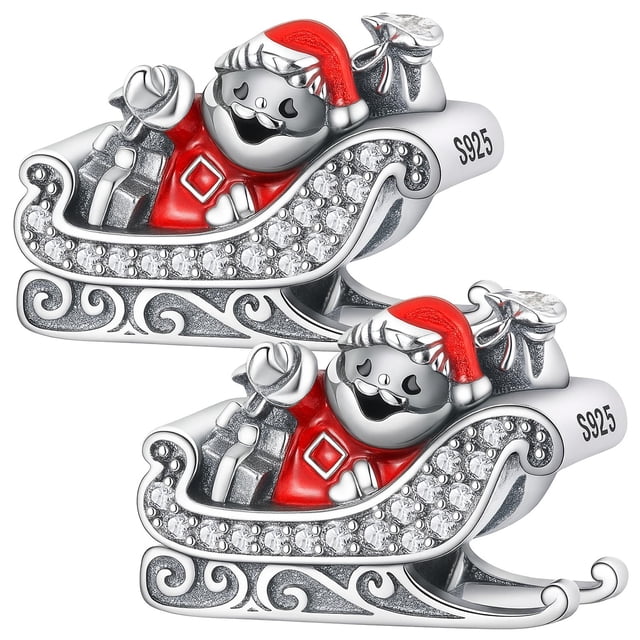 Charm de plata 925 XmasClaus02 2Pzas Plata S925 Chapa Separador Fijo Santa con Trineo Plata/Rojo Caja Blanca 3x3cm.