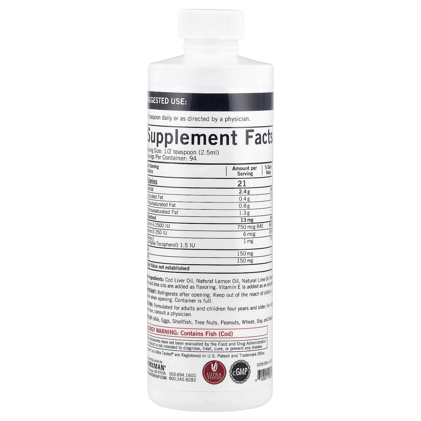 Kirkman Labs Cod Liver Oil Liquid, Natural Lemon Lime, 8 fl oz (237 ml)