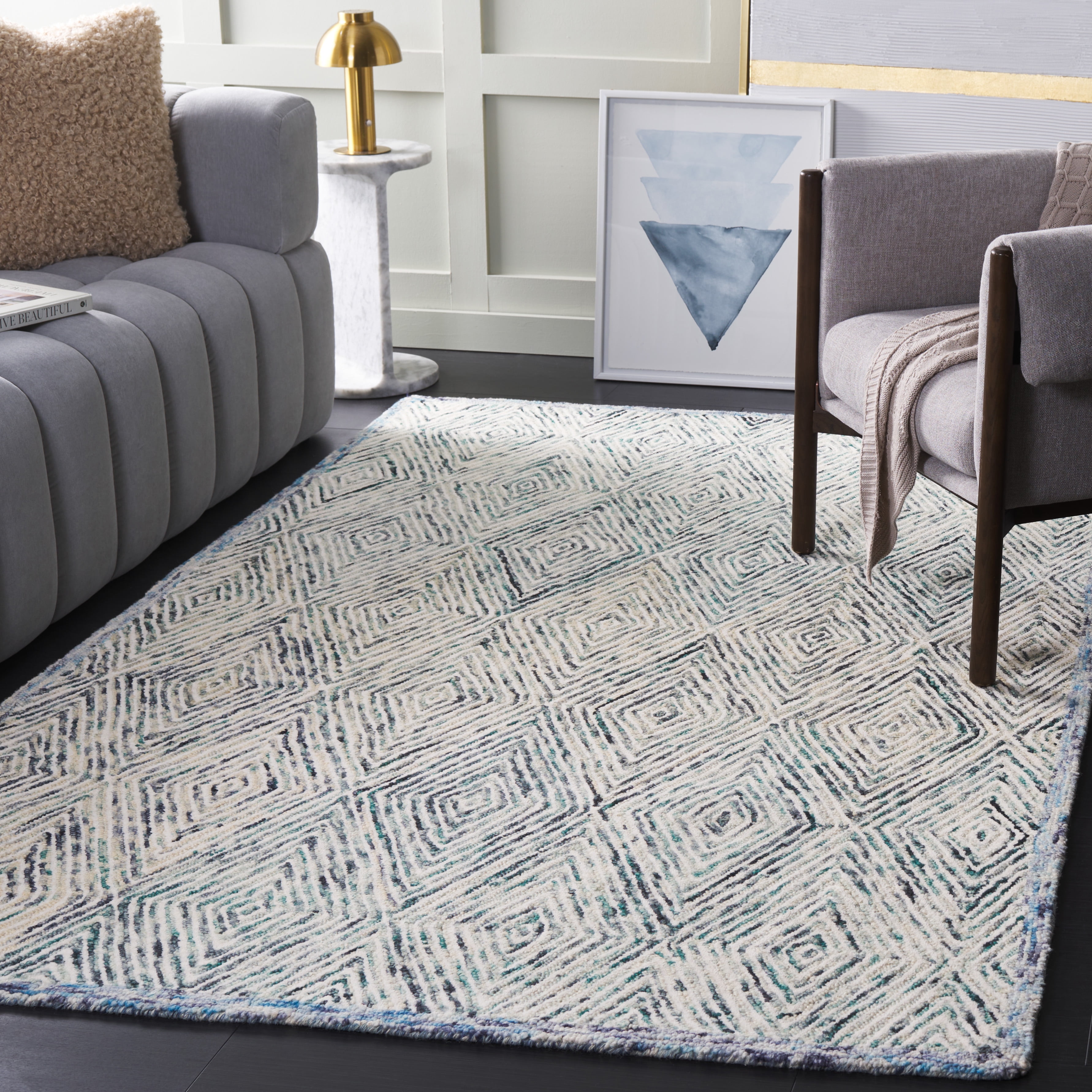 SAFAVIEH Capri Nicholas Diamond Wool Area Rug, Blue/Ivory, 5' x 8'