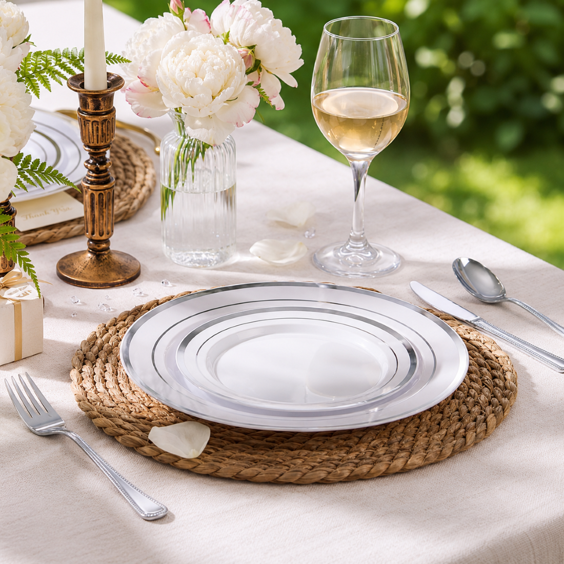 Platos de plástico plateados Goodluck de 200 piezas, juego de vajilla desechable con 100 platos de cena y 100 platos de postre para fiestas, bodas y cumpleaños 3