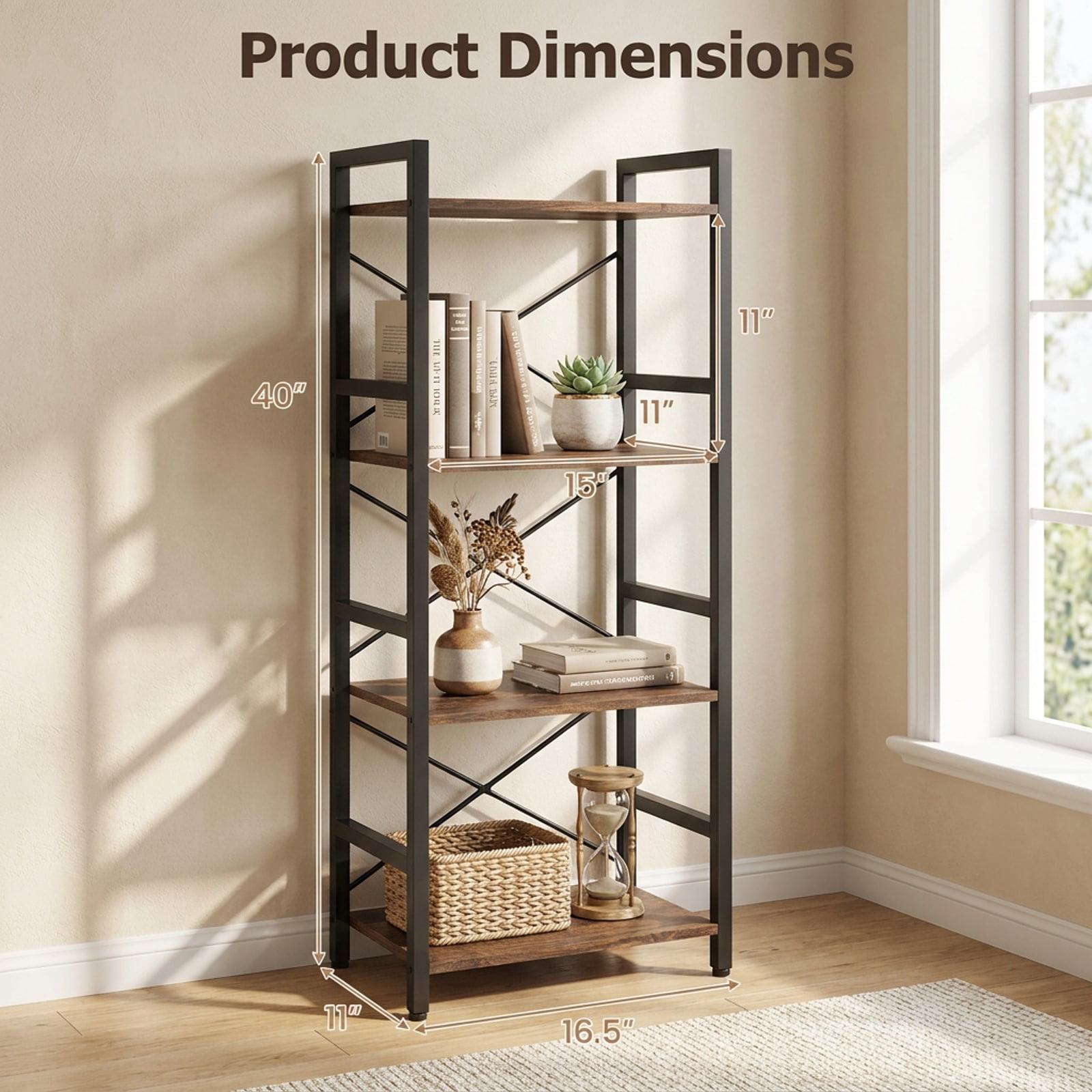 Furnibear 4-Tier Bookshelf Narrow Freestanding Display Shelf with Metal Frame for Living Room Home Office Bedroom Display Storage Shelf, Rustic Brown