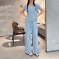 thumbnail image 4 of FengMoreActive Women's 2PC Pajamas Set V-Neck Tshirt And Wide Leg Pants Loose Sleepwear Suits Solid Color Casual Pajamas Sets, 4 of 5