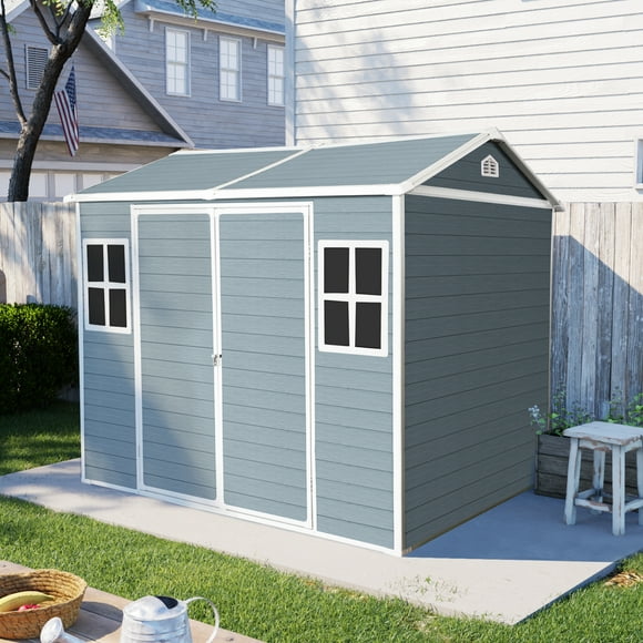 LHYY 8x6 ft Resin Outdoor Storage Shed Waterproof Shed with Floor & Two Windows & Lockable Door,Tool Shed for Garden,Patio,Backyard,Gray