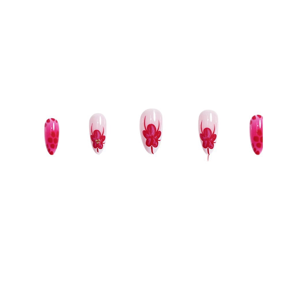 Cross-border hot sale almond fake nails fashion spice girl red flower broken diamond embellishment wearing nail piece finished product wholesale