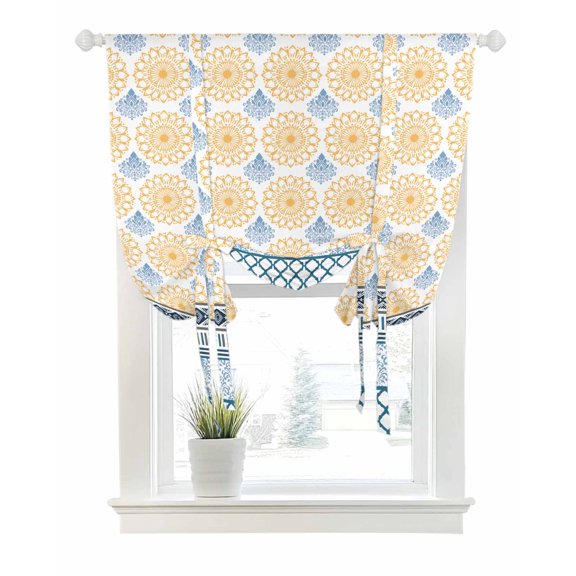 Yellow Teal Boho Tie Up Curtains for Window, Thermal Insulated Balloon Shade Adjustable Rod Pocket Curtains Valance Panels for Kitchen Bathroom Cafe 42 x 63 Vintage Geometric Stripes Abstract Art