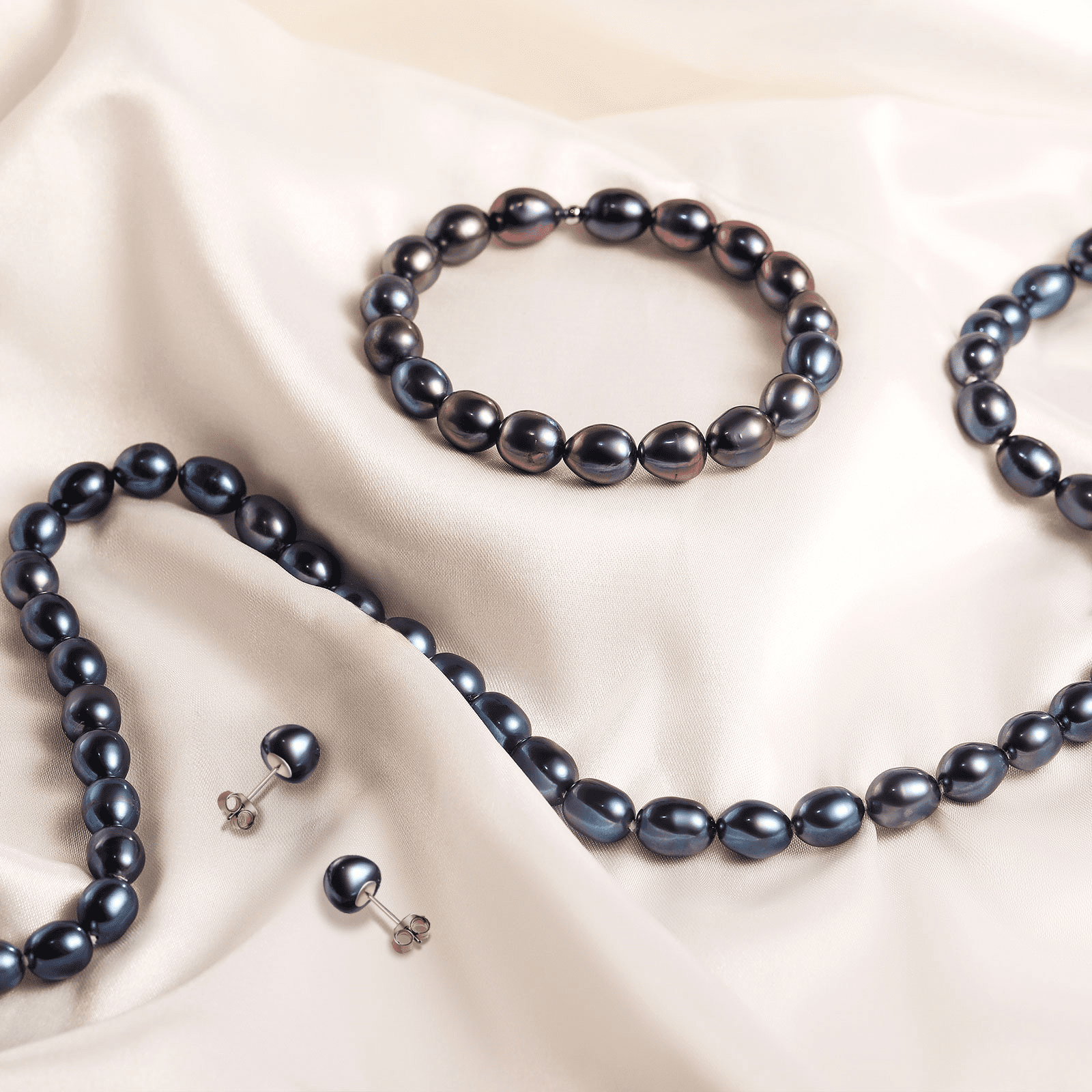 Bakimi Black Cultured Pearl Necklace and Earrings Set, 6-7mm Freshwater Pearls Jewelry, 925 Sterling Silver Stud Earrings, Elegant Mother'day Gift for Women