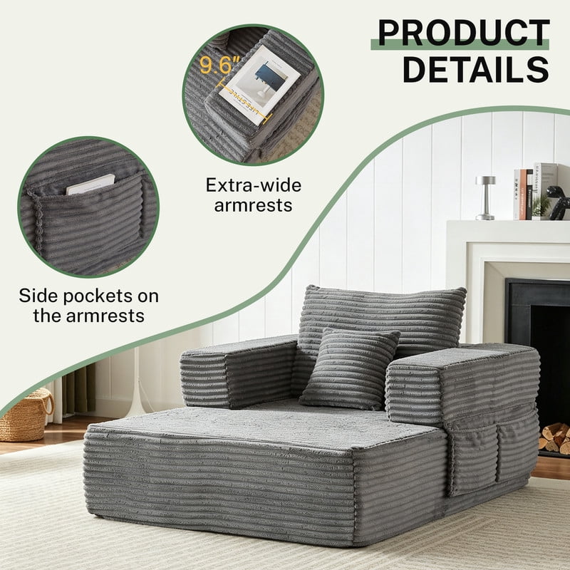 Single-Seater Upholstered Lazy Sofa, Floor Lounge Chair with Back Cushion & Throw Pillow, Oversized Chaise Lounge with Pockets