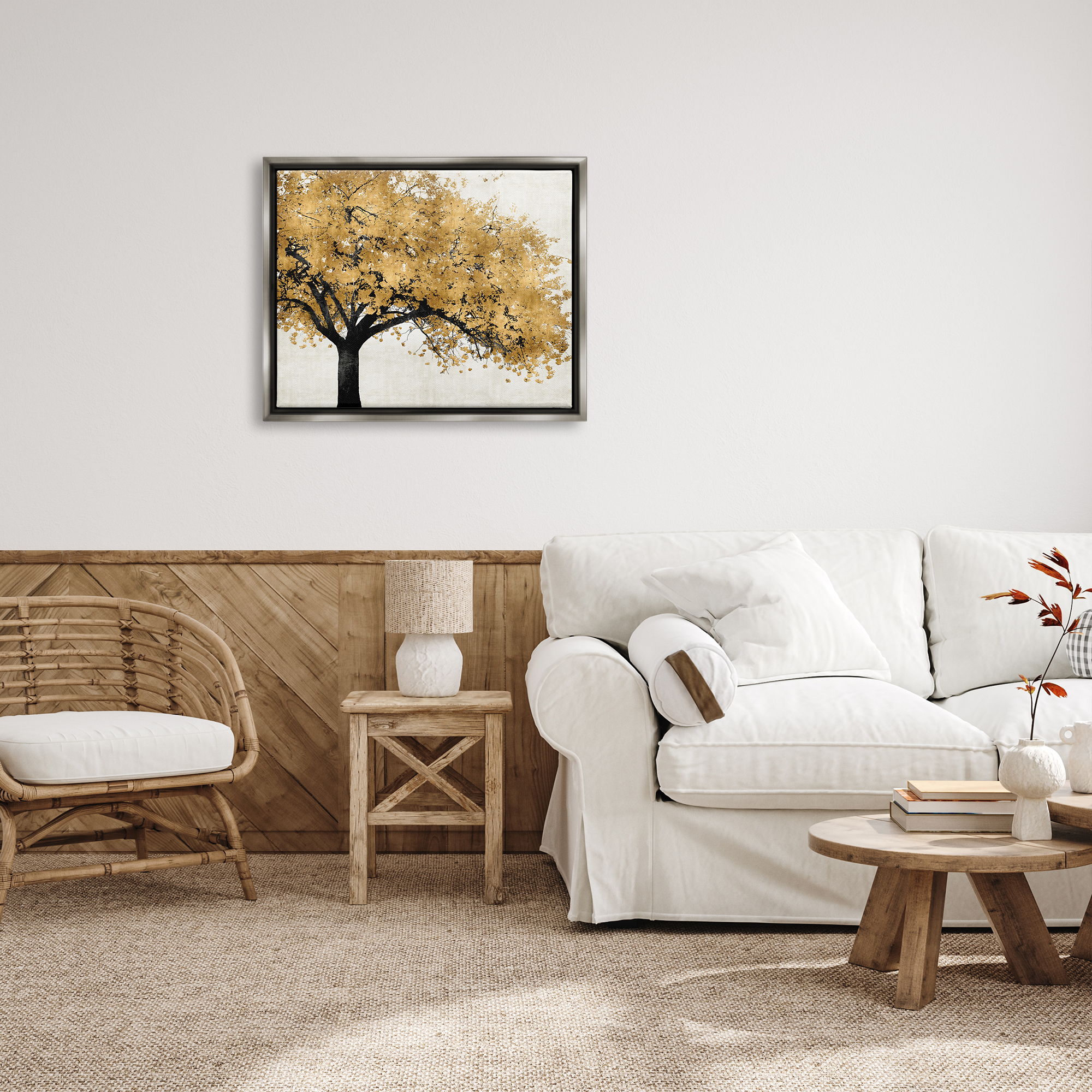 Stupell Industries Traditional Tree with Autumn Leaves over Neutral Luster Gray Framed Floating Canvas Wall Art, 24x30, by Kate Bennet