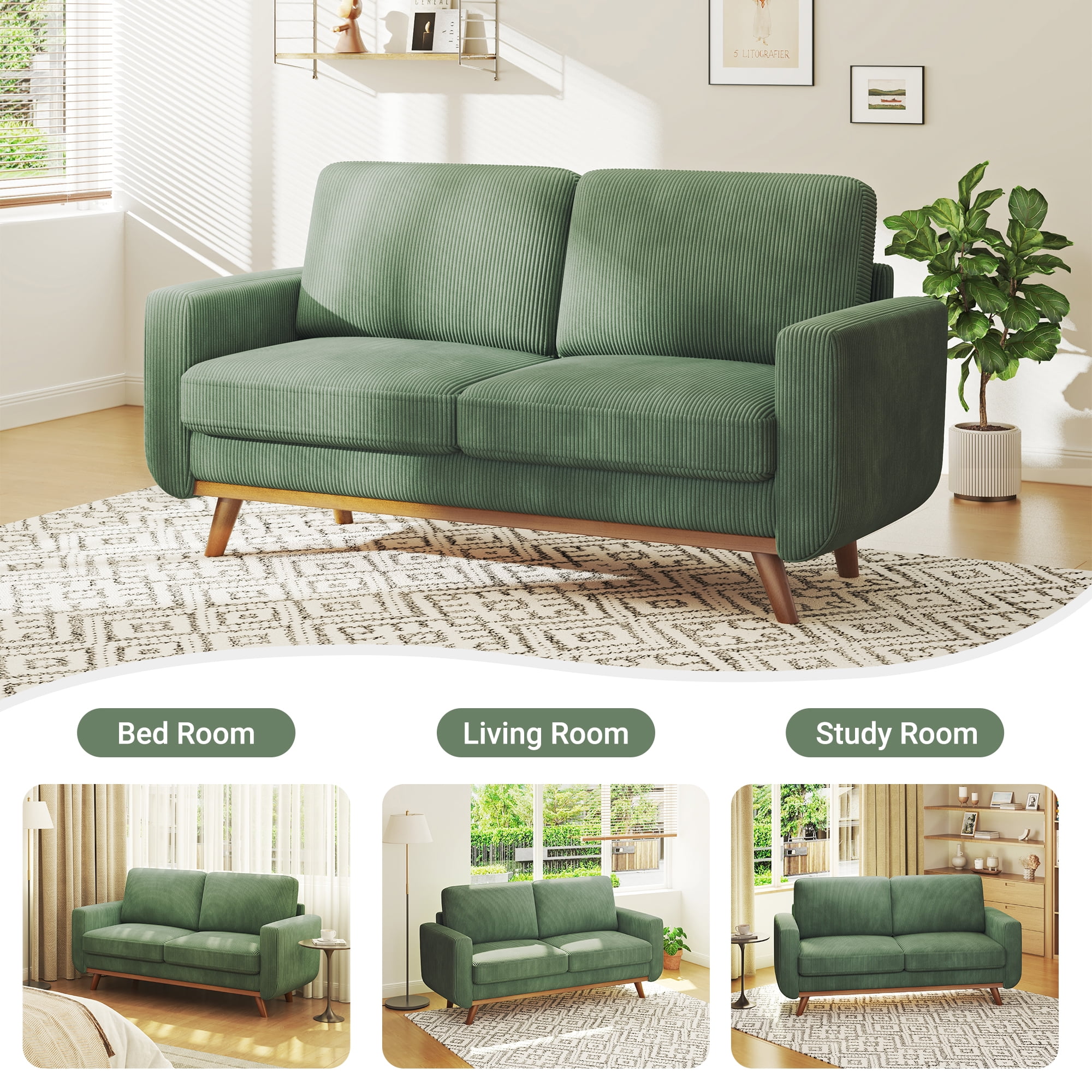 Neche 68" Corduroy Sofa for Living Room, 2 Seater Modern Couch for Small Space Office, Comfy Loveseat in a Box, Green