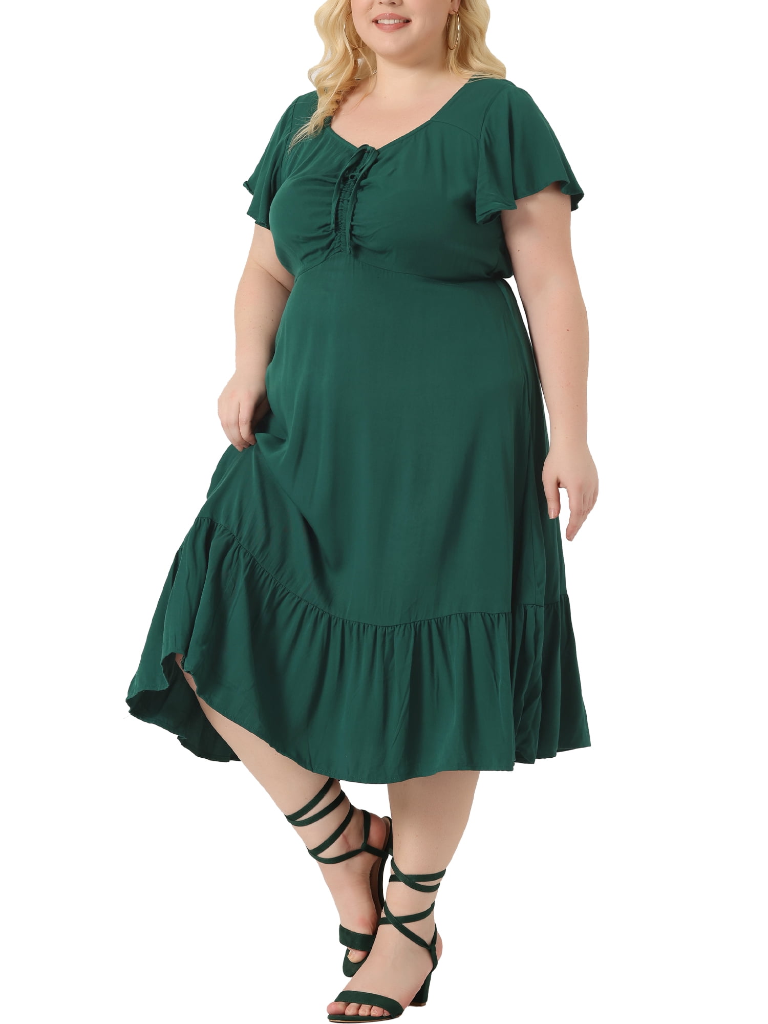 DARING DIVA Women's Plus Sweetheart Neck Ruffle Tiered Maxi Dresses 1X Dark Green