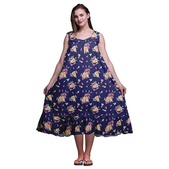 Bimba Navy Blue Floral Amber Flush & Clematis Sleeveless Night Gown For Womens Cotton Printed Nightwear Ladies Sleepwear XXX-Large