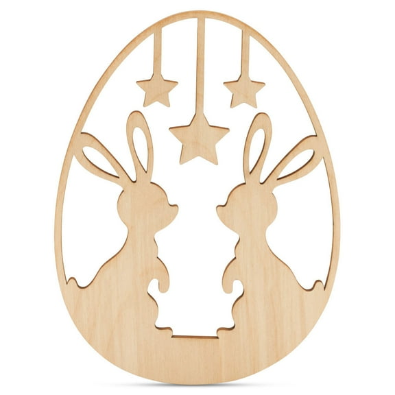 Wood Easter Egg Cutout w/ Bunnies & Stars, 9-Inch, 1/8 Inch Thick, Pack of 3 Easter Crafts, for Basket Stuffers & Ornaments, by Woodpeckers