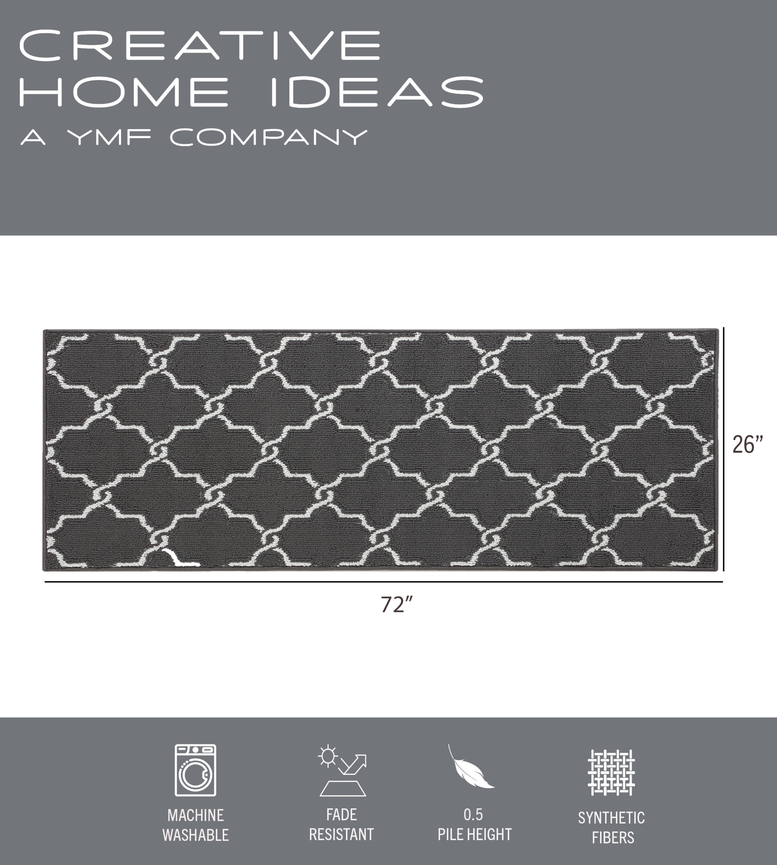 Washable Skid-Resistant Runner Rug, Geometric, Dark Grey and White, 26" x 72"