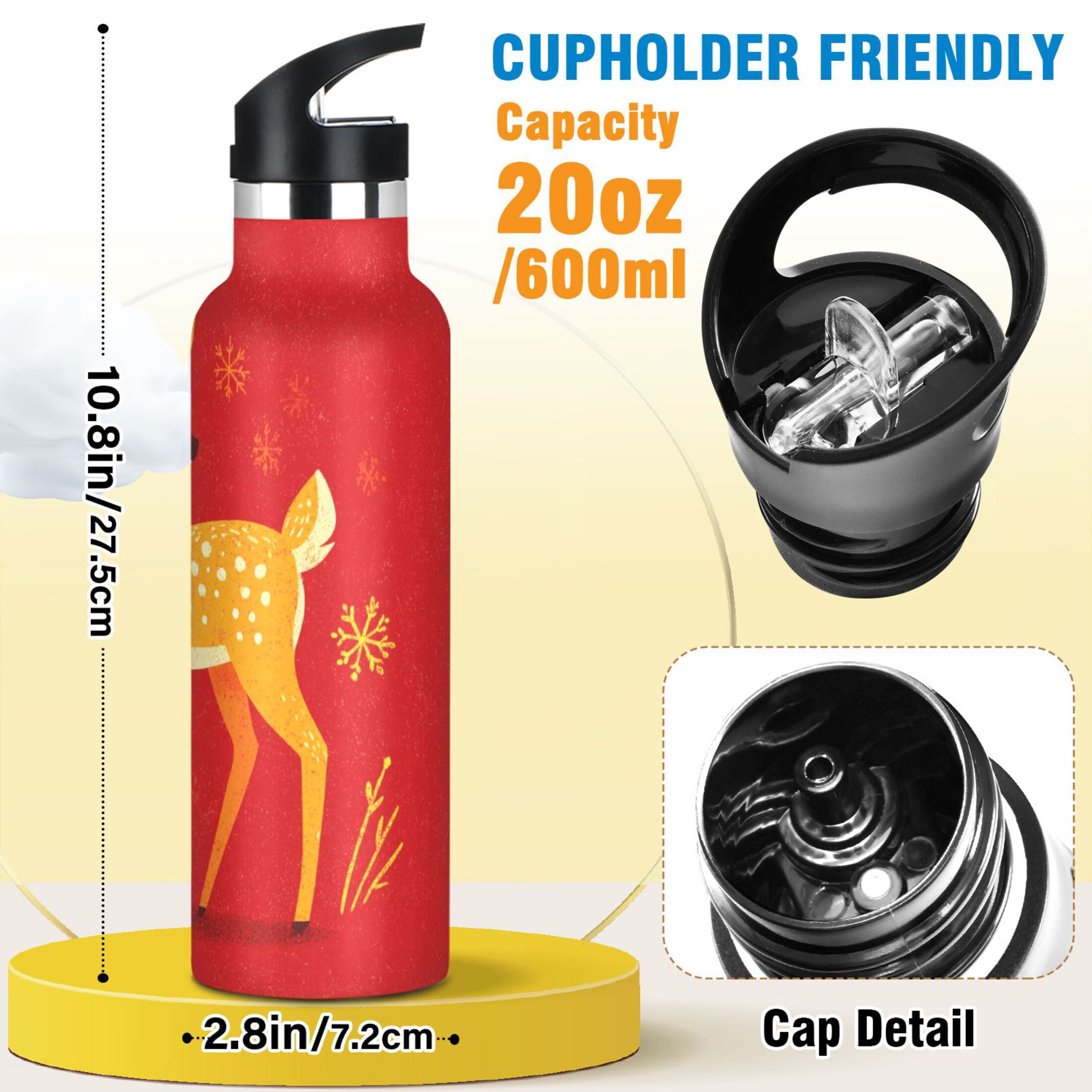 600ML Stainless Steel Insulated Cup Sports Water Bottle Portable Thermos Cup Water Glasses Insulated Tumblers Convenient and Durable Beautiful Yellow Christmas Deer