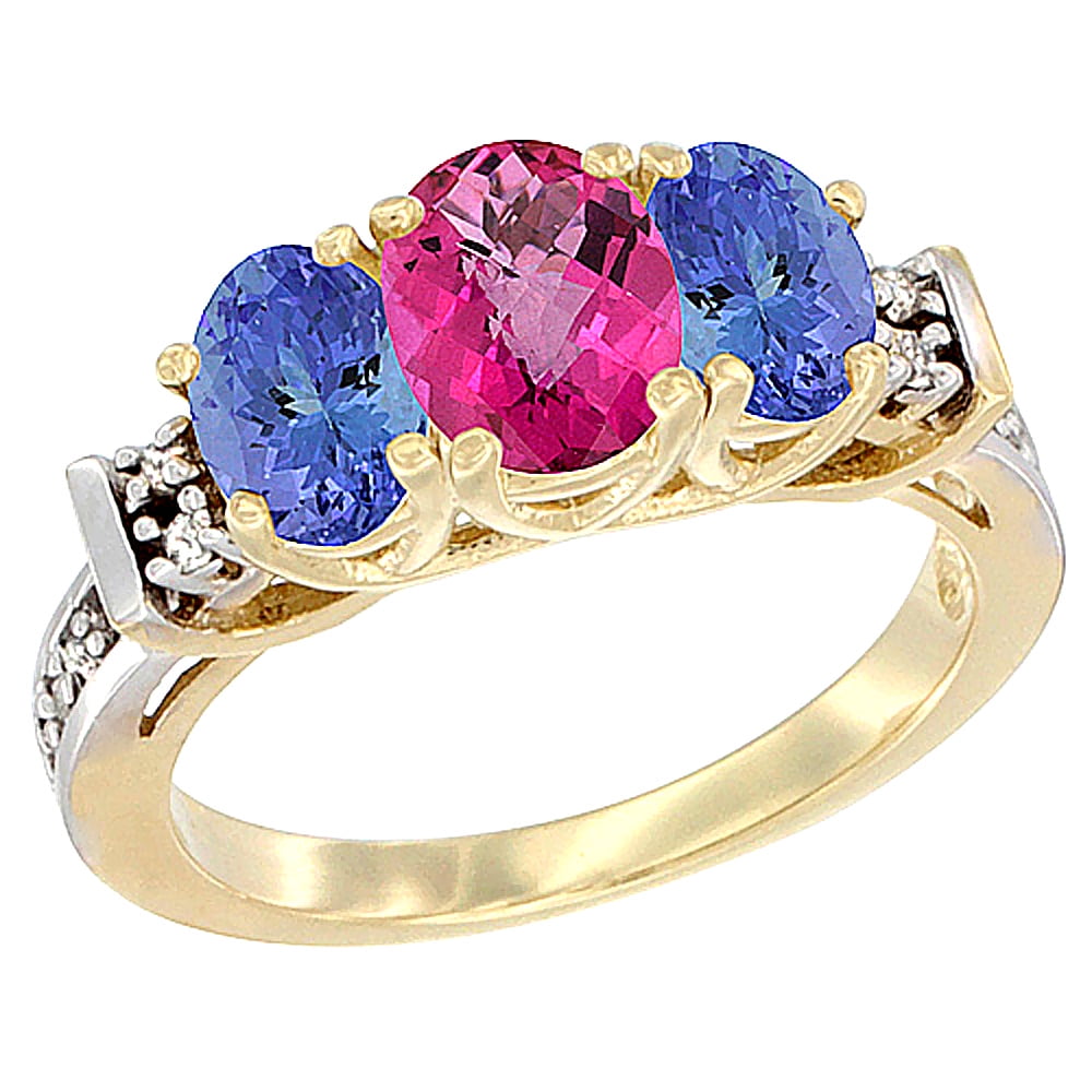 14K Yellow Gold Natural Pink Topaz & Tanzanite Ring 3-Stone Oval Diamond Accent by WorldJewels