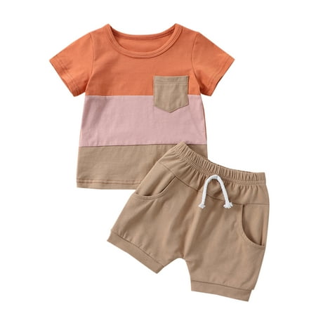 

Infant Baby Boy Summer Outfit Sets Color Block Short Sleeve T-Shirt Top Solid Color Shorts Cute Clothes Set