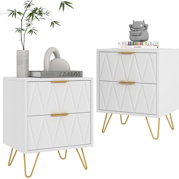 Kadyn White Night Stands for Bedrooms Set of 2, Modern Bedside Table with 2 Drawers Storage, Wood Nightstand End Side Tables with Golden Metal Legs for Bedroom Living Room